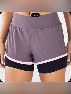 Fabletics Mauve Two-Layer Bike Shorts with Black Liner and Pink Trim